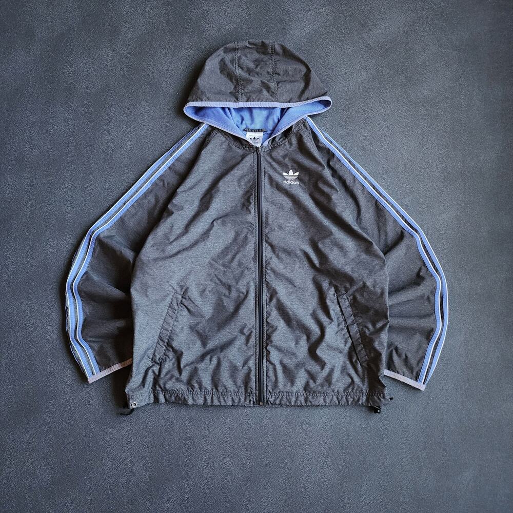 Y2K Adidas Grey Blue Essential Windbreaker Full Zip Jacket XL